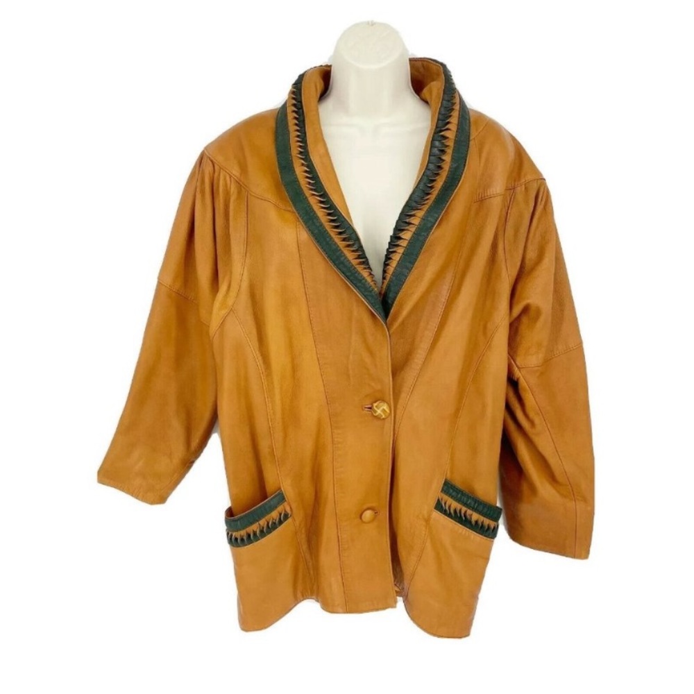 Vintage Moroccan oversized camel brown leather jacket twisted leather collar